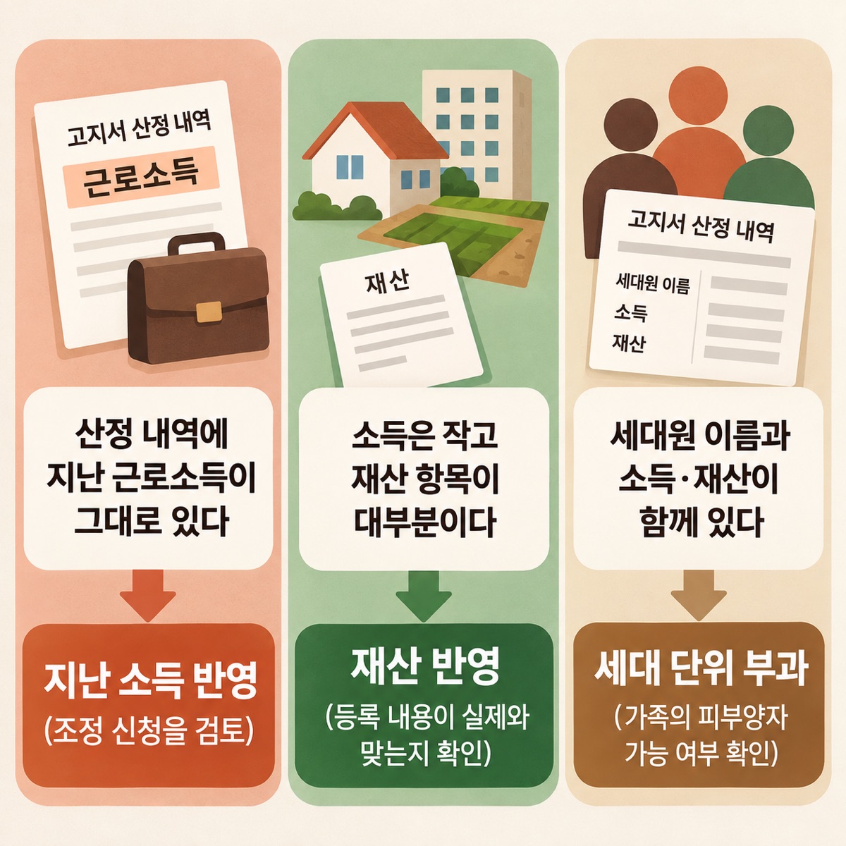 고지서 산정 내역의 근로소득·재산·세대원 항목을 보고 지난 소득 반영·재산 반영·세대 단위 부과 세 갈래로 원인을 가르는 그림