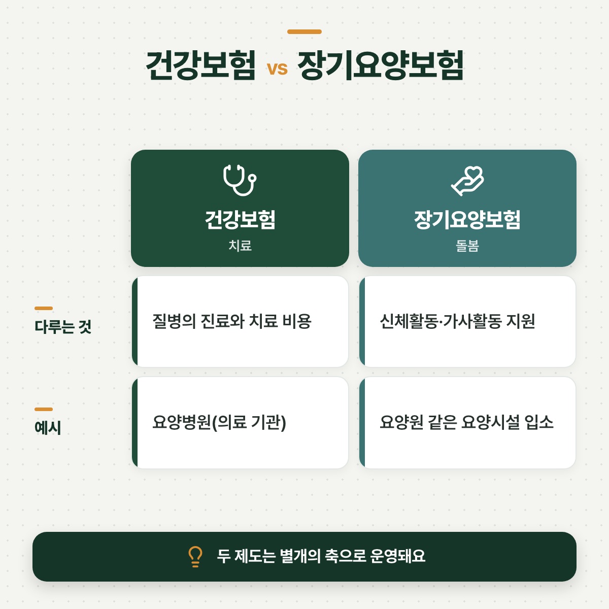 「건강보험과 무엇이 다를까 — '치료'가 아니라 '돌봄'」 대목을 설명하는 그림